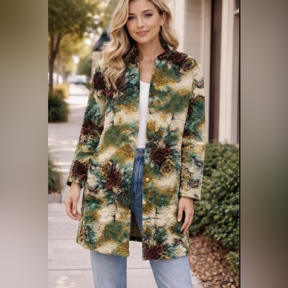 ABC Collection Floral Popcorn Knit Hooded Jacket Green Art to Wear Small
